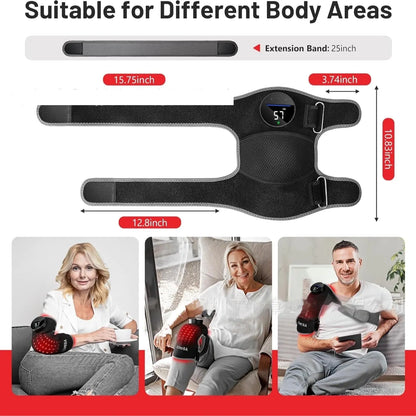 Red light therapy device with measurement display, suitable for different body areas, shown with people using it.