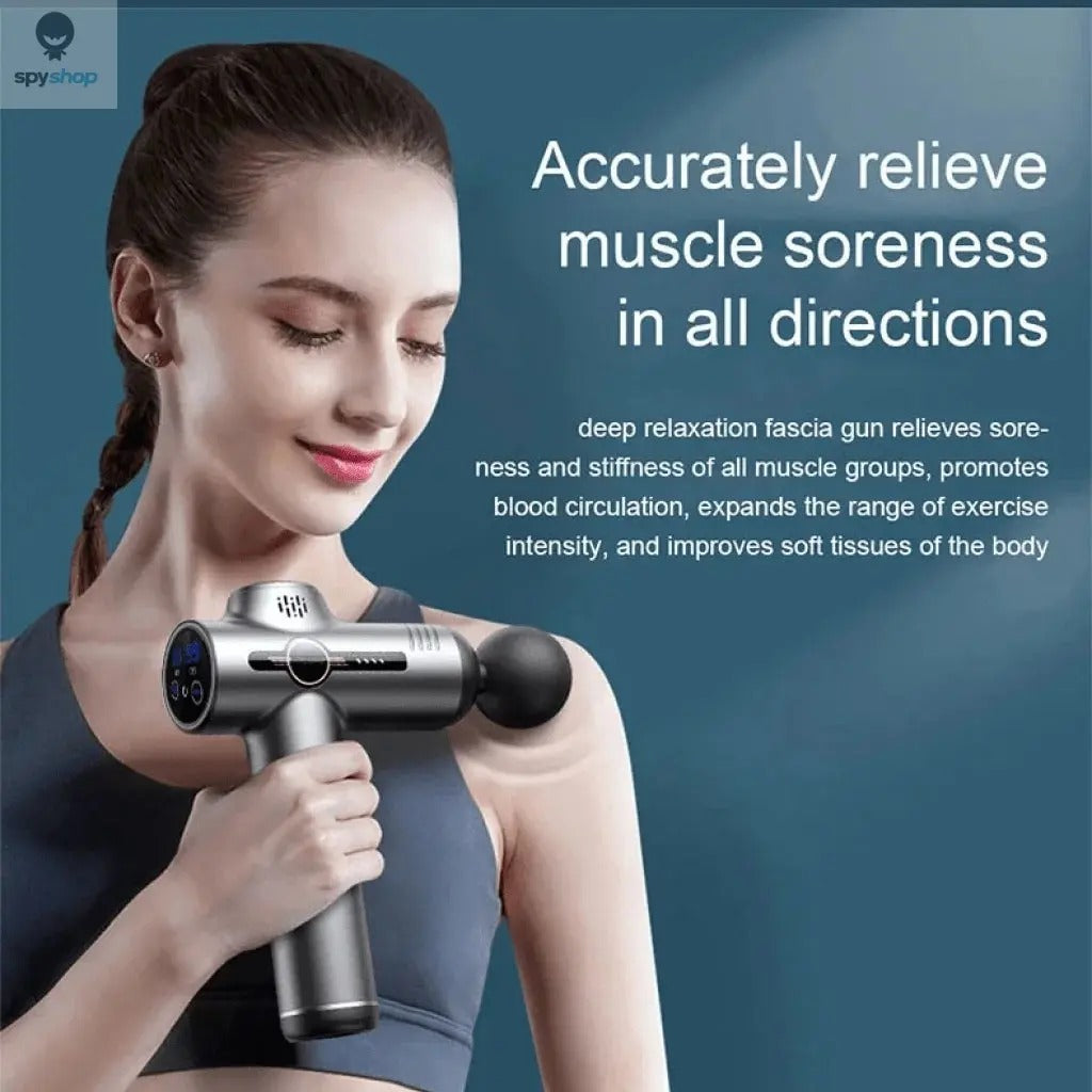 Woman using a massage gun with text about muscle soreness relief on a blue background