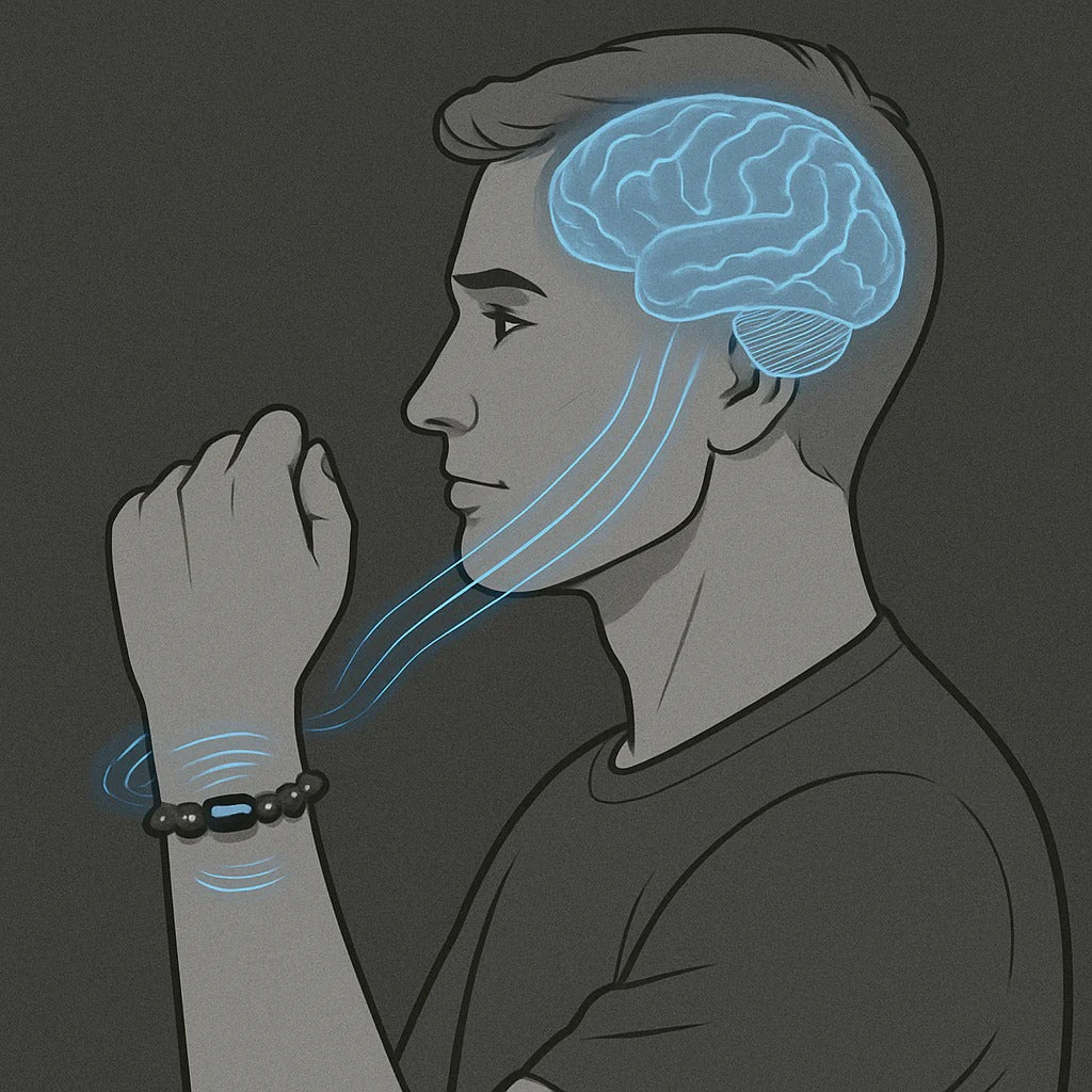 Illustration of a person with a glowing brain and relaxation bracelet on a dark background