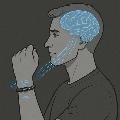Illustration of a person with a glowing brain and relaxation bracelet on a dark background