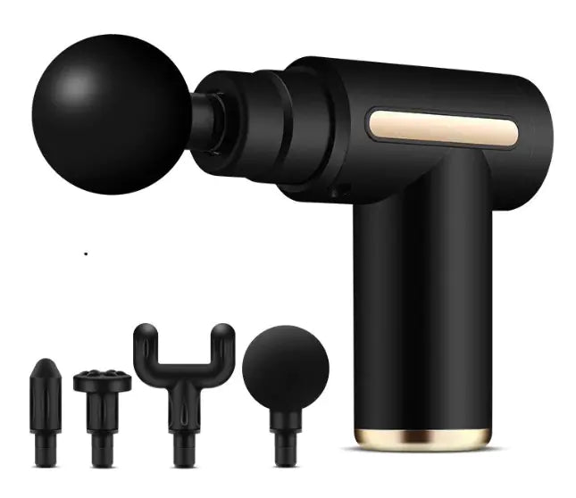 Black massage gun with attachments on a white background