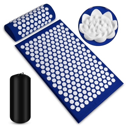 Acupressure mat and pillow set with black bag on a white background