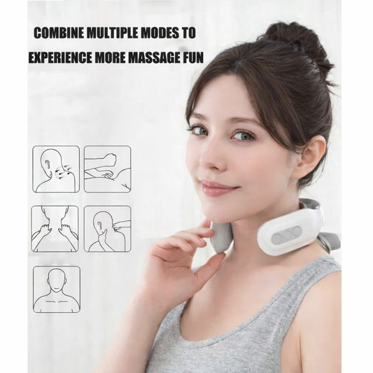 Woman wearing a neck massager with chart of muscles it helps