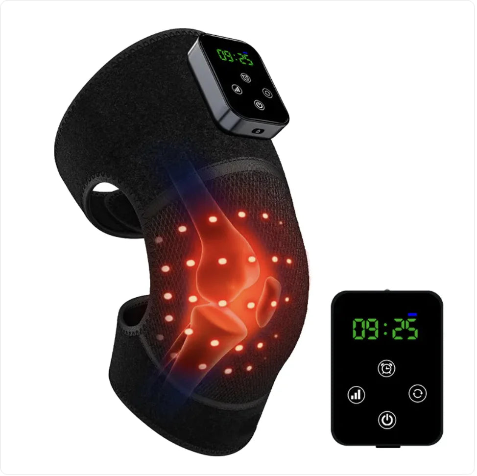 Black infrared knee brace with built-in heating element and digital control display on a white background