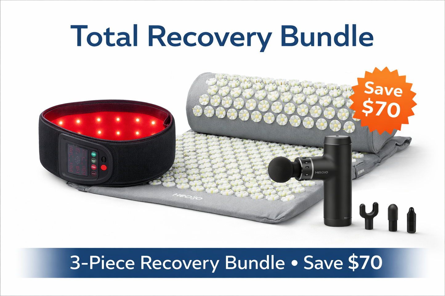 Total Recovery Bundle with red light belt, massage gun, and acupressure mat