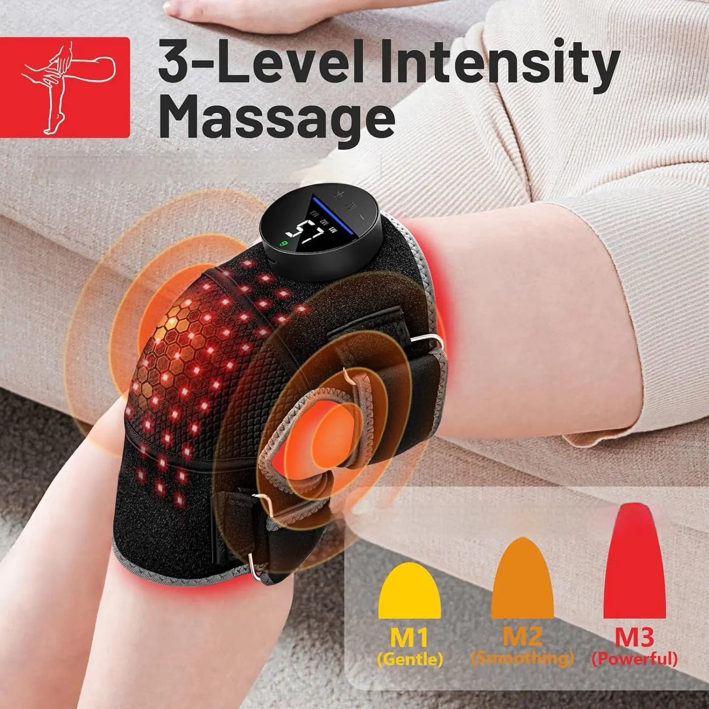 Red light therapy device on a person's knee with 3-level intensity indicator.
