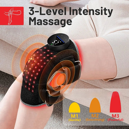 Red light therapy device on a person's knee with 3-level intensity indicator.